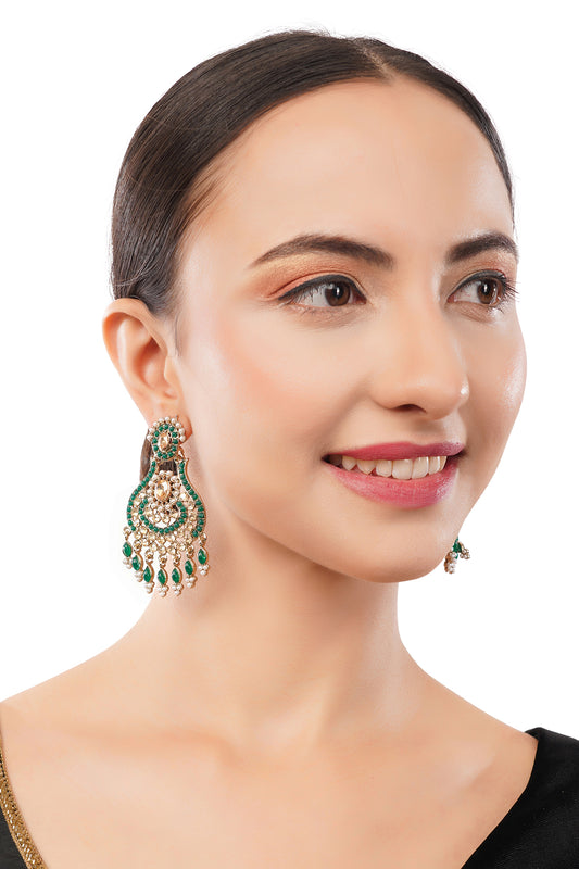 Clustertrend Gold Plated Green Stone And Pearl Earrings For Women