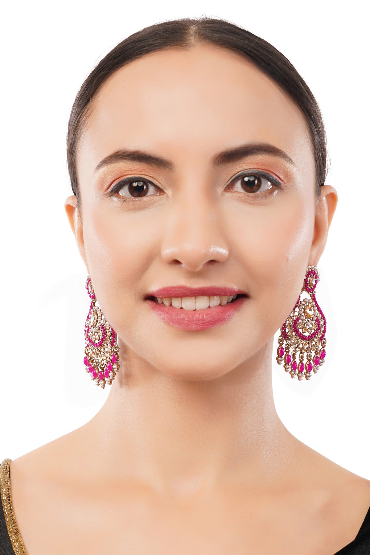 Clustertrend Traditional Gold Plated Pink Stone Earrings