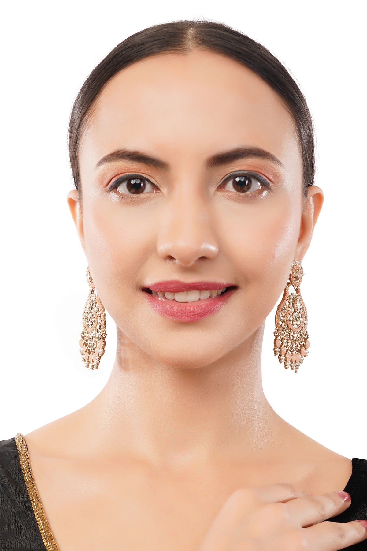 Traditional Gold Plated Peach Stone Pearl Earrings For Women