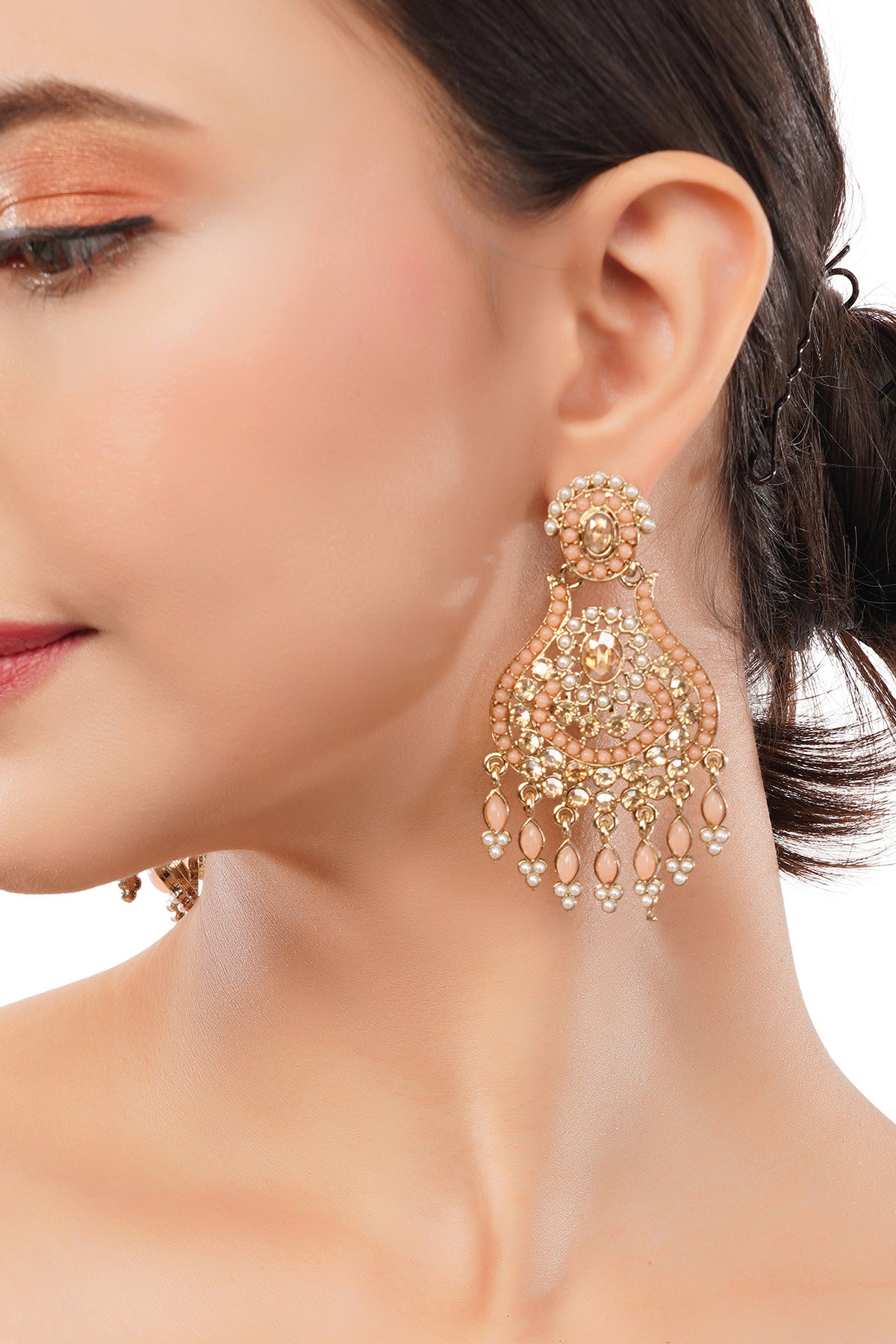Traditional Gold Plated Peach Stone Pearl Earrings For Women