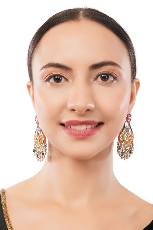 Gold Plated Multicolour Stone Pearl Earrings For Women