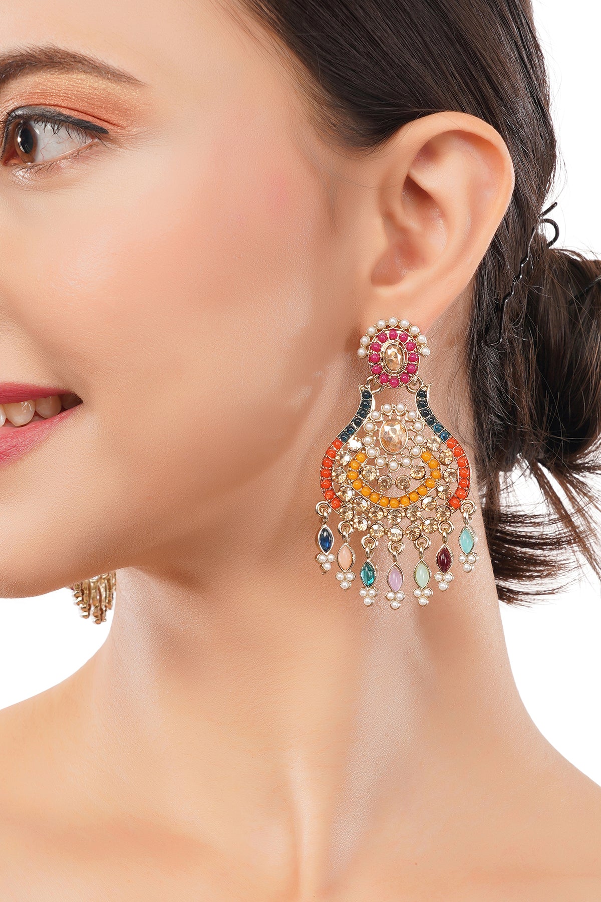 Gold Plated Multicolour Stone Pearl Earrings For Women