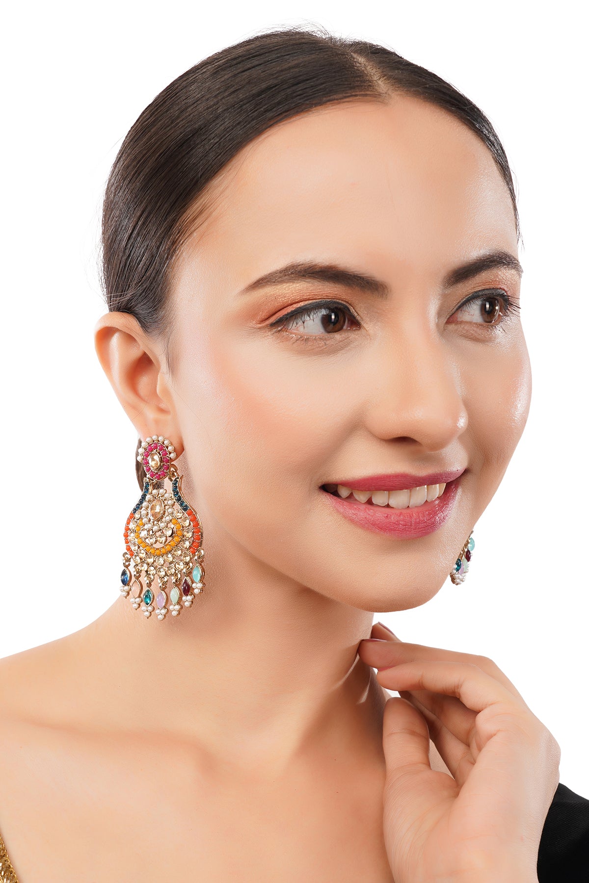 Gold Plated Multicolour Stone Pearl Earrings For Women