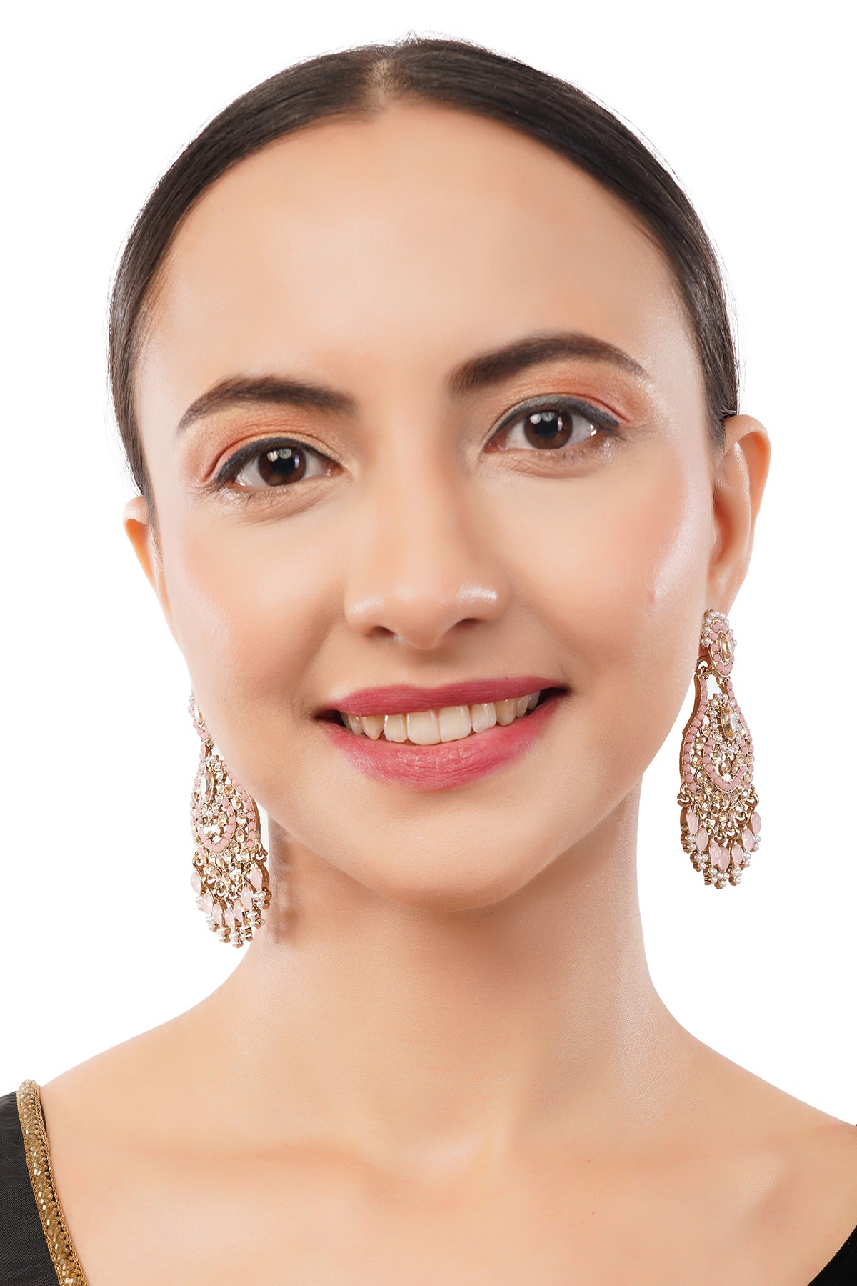 Gold Plated Light Pink Stone Chandbali Earrings For Women