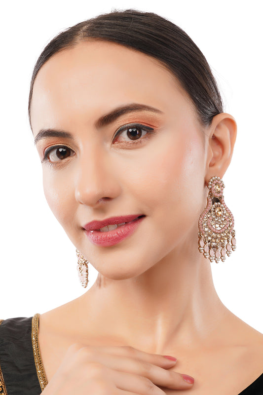 Gold Plated Light Pink Stone Chandbali Earrings For Women