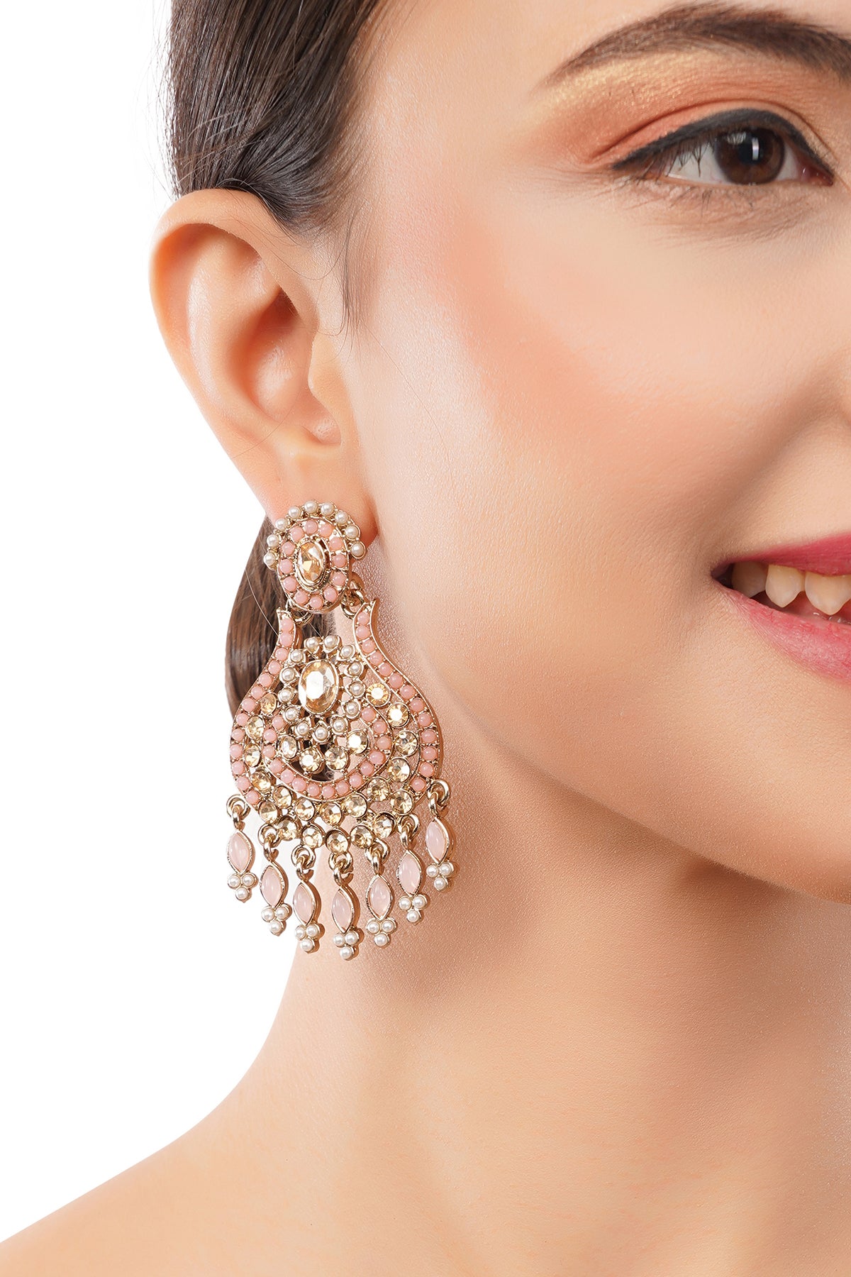 Gold Plated Light Pink Stone Chandbali Earrings For Women