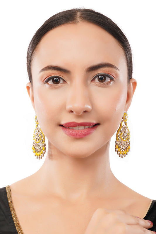 Gold Plated Yellow Stone Pearl Earrings For Haldi Ceremony