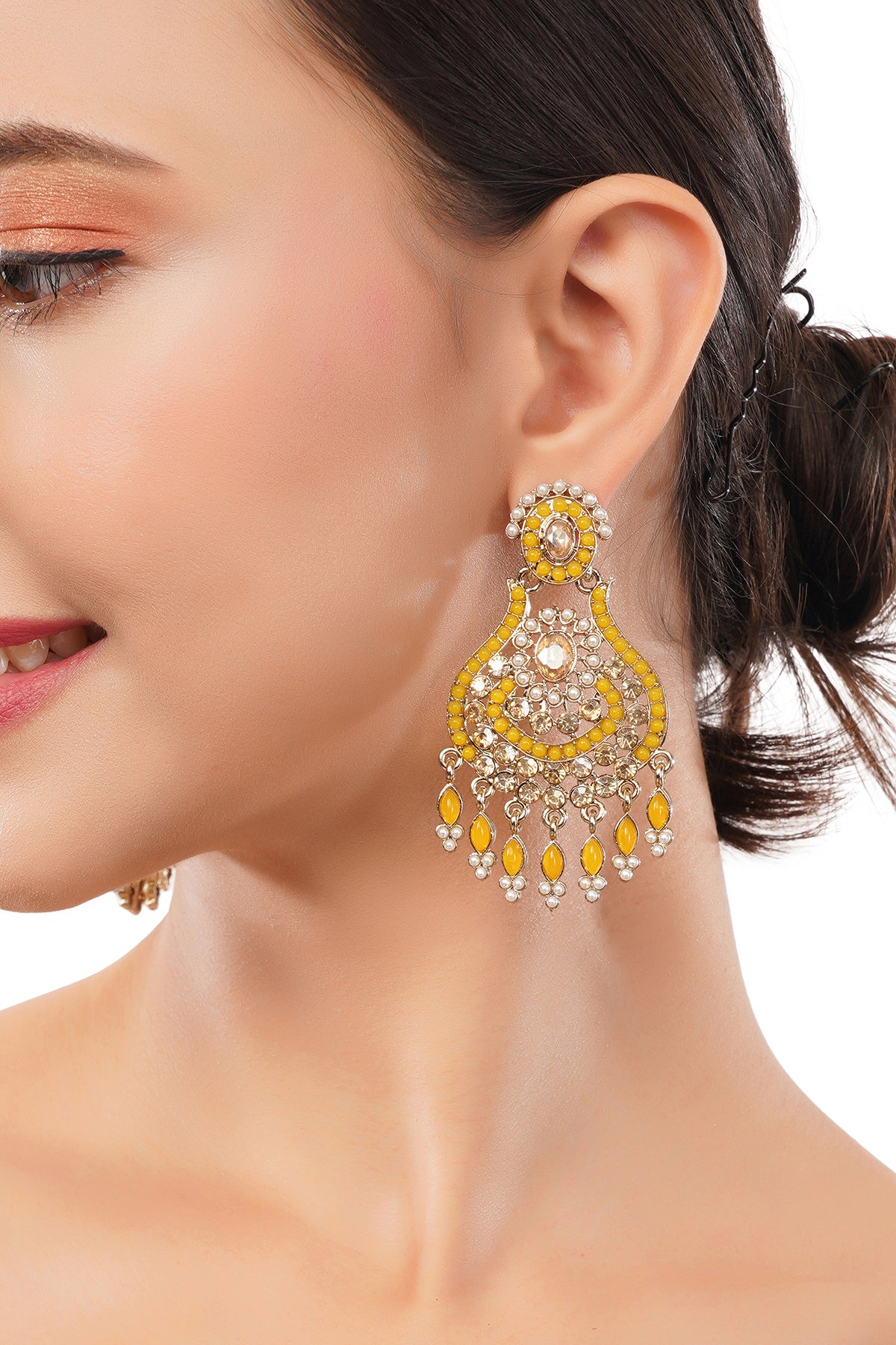 Gold Plated Yellow Stone Pearl Earrings For Haldi Ceremony