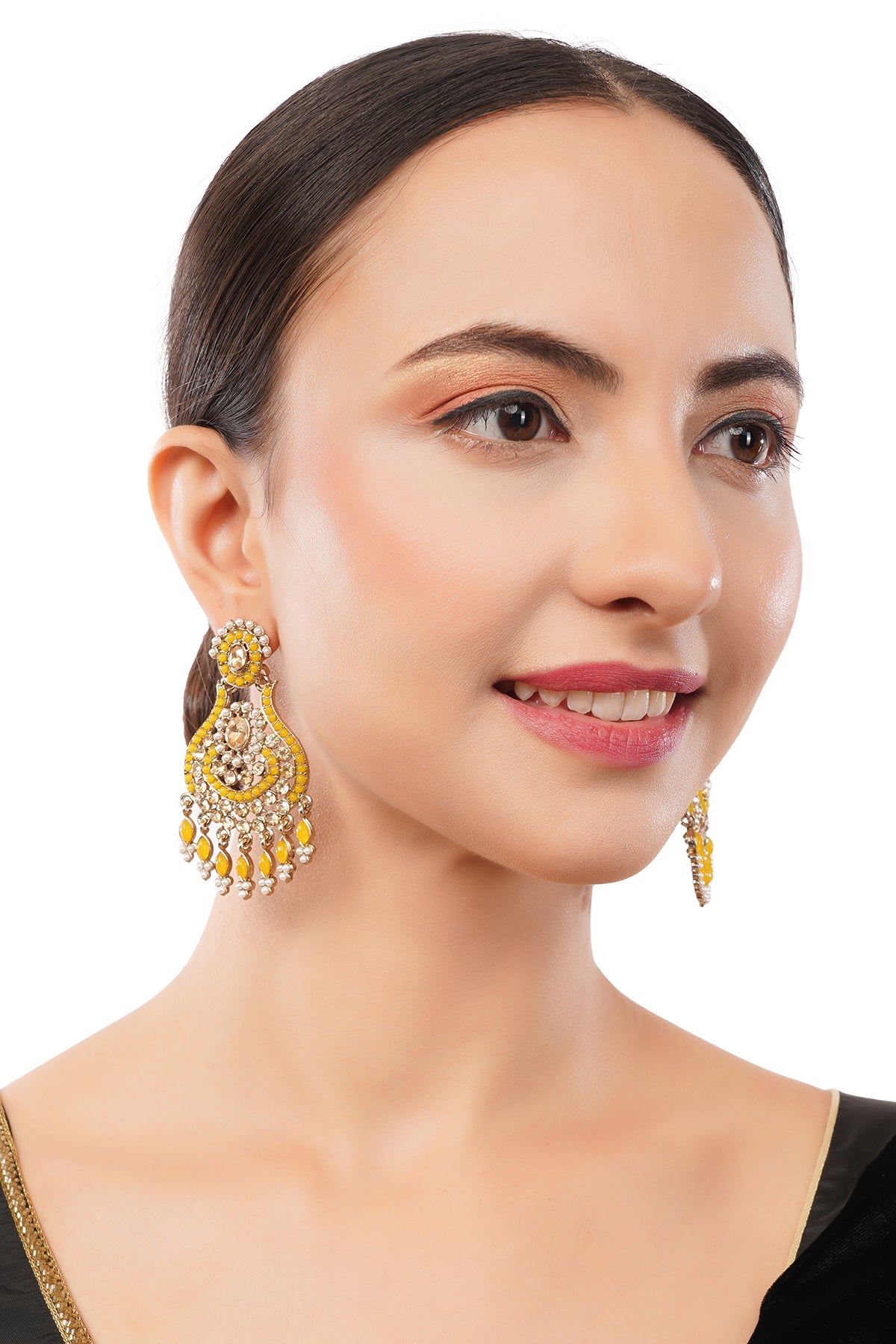 Gold Plated Yellow Stone Pearl Earrings For Haldi Ceremony