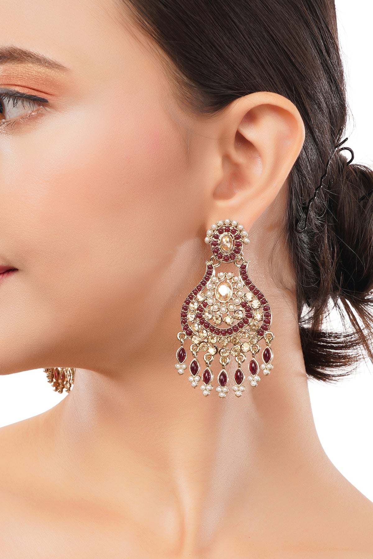 Clustertrend Gold Plated Marron Stone With Pearl Earings For Women