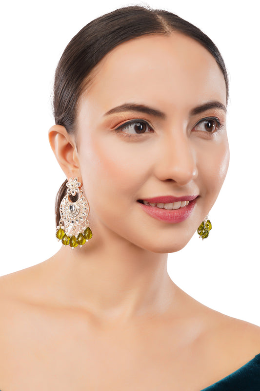 Ethnic Mustard Green Pearl Stone Earrings For Party