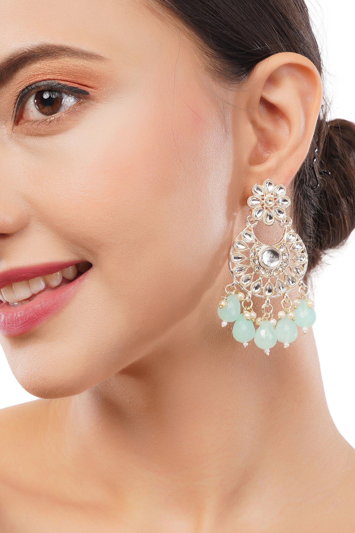 Clustertrend Gold Plated Light Green Pearl Floral Design Earrings