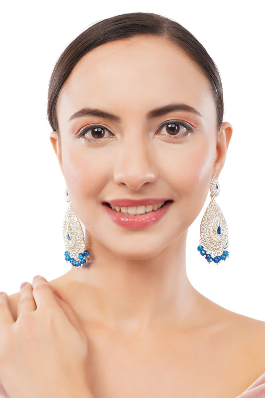 Gold Plated Blue Pearl Diamond Long Earrings For Women