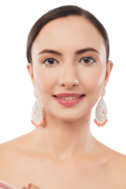 Gold Plated Peach Stone Long Earrings For Weddings