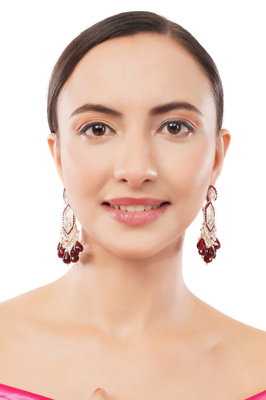 Traditional Maroon And White Pearl Drop Earrings