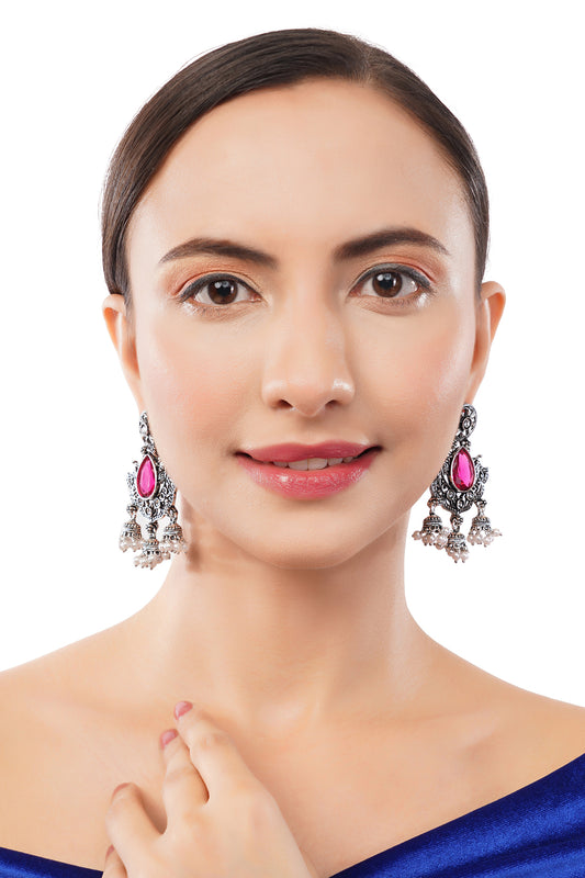 Traditional Oxidised Silver Pink Stone Drop Earrings