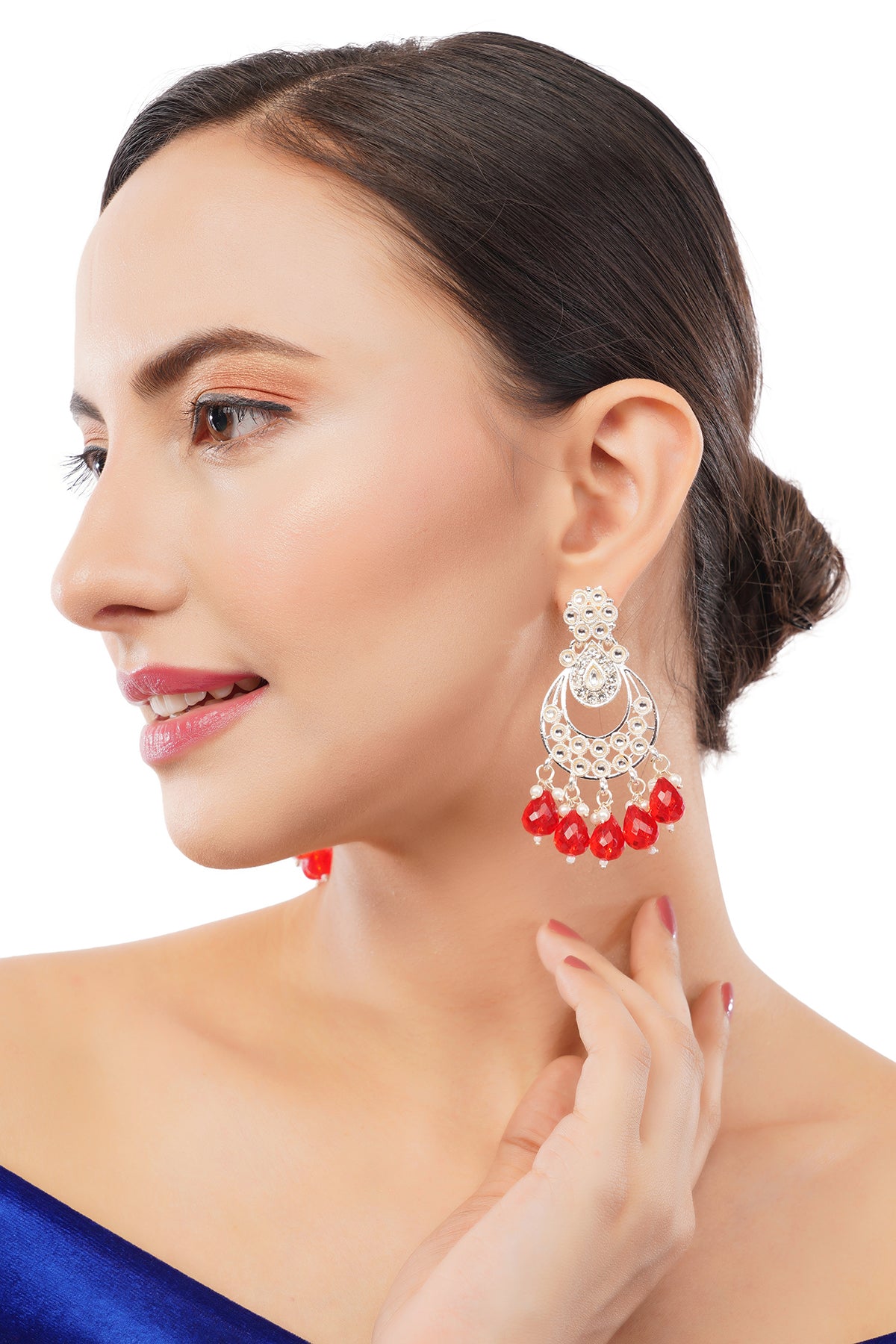 Ethnic Red Pearl Kundan Drop Earrings For Women