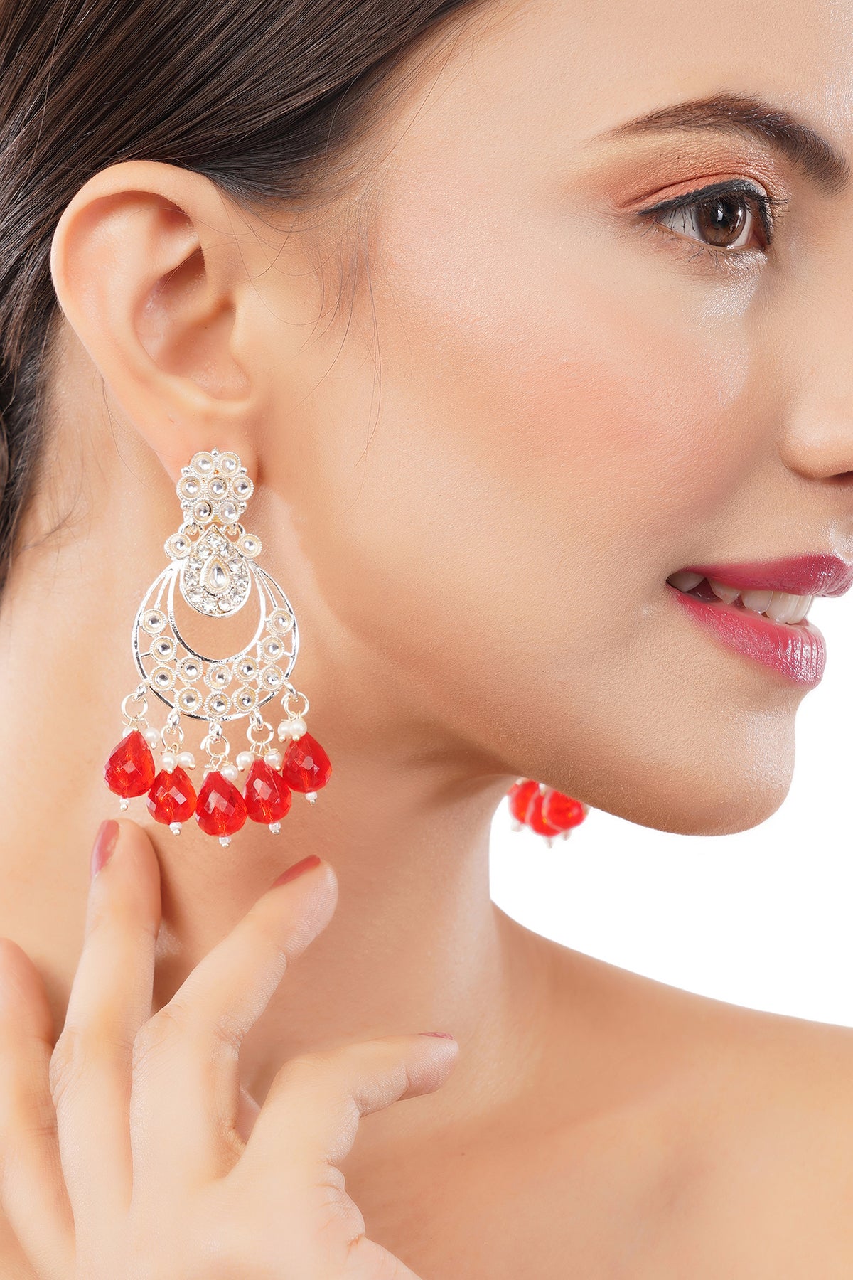 Ethnic Red Pearl Kundan Drop Earrings For Women