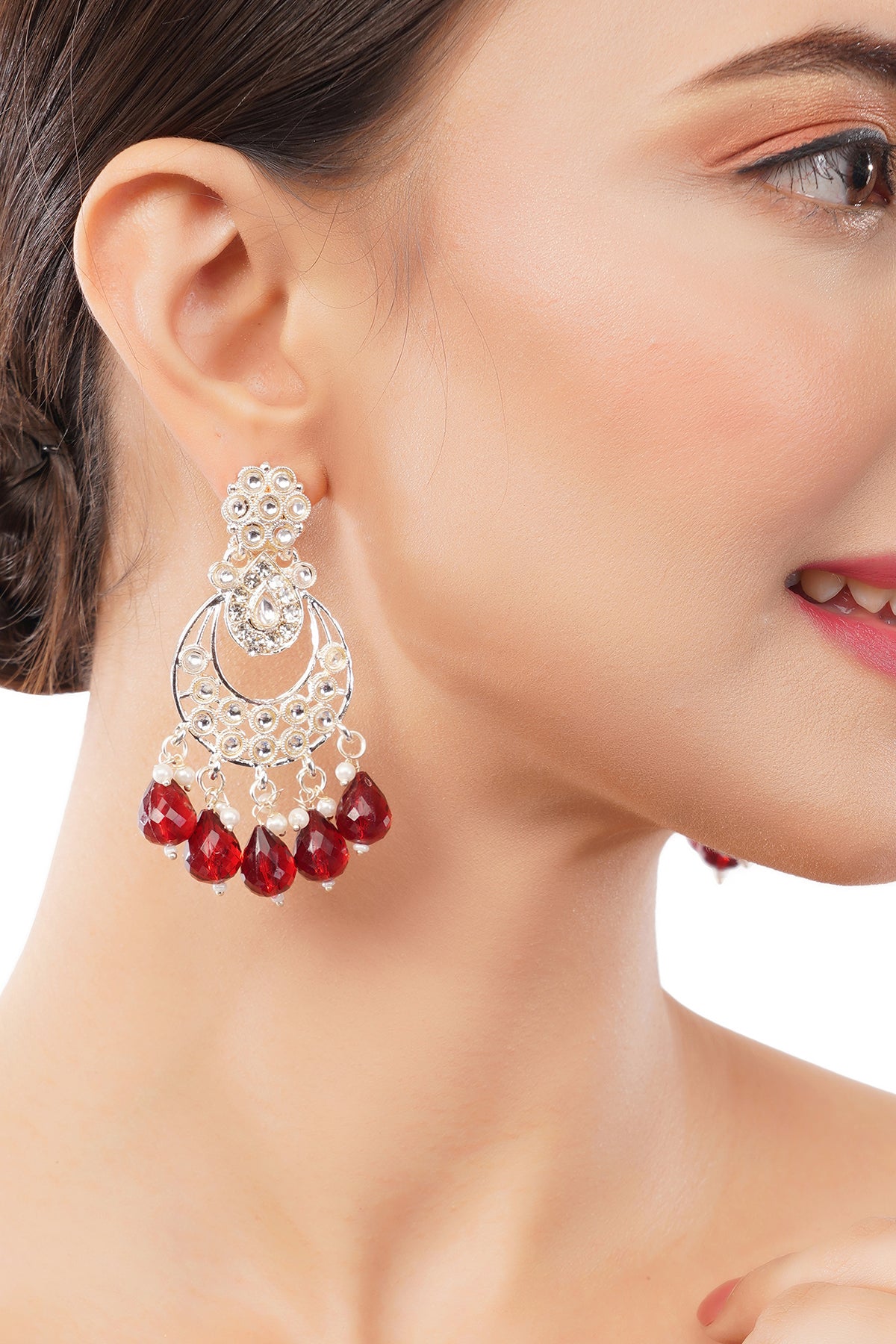 Maroon Pearl Gold Plated Kundan Earrings