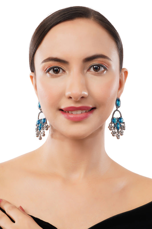German Silver Blue Crystal Stone Drop Earrings
