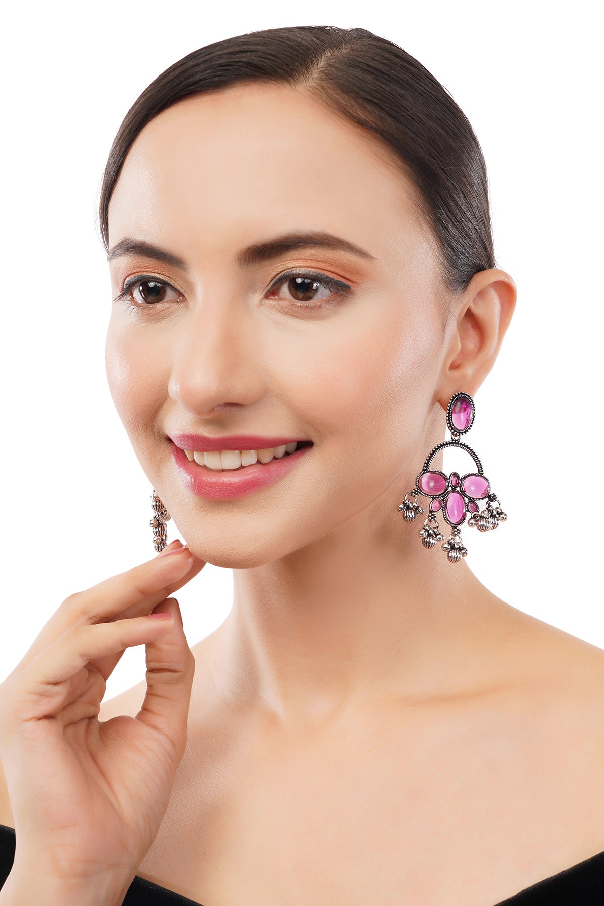 Pink Stone German Silver Drop Earring For Women