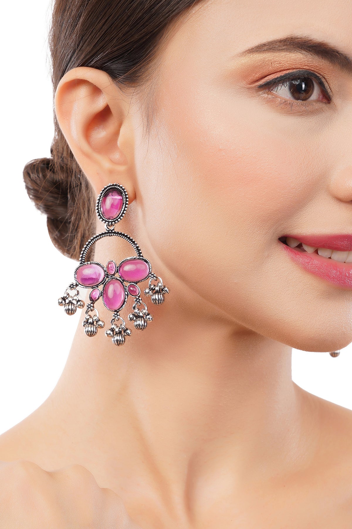Pink Stone German Silver Drop Earring For Women