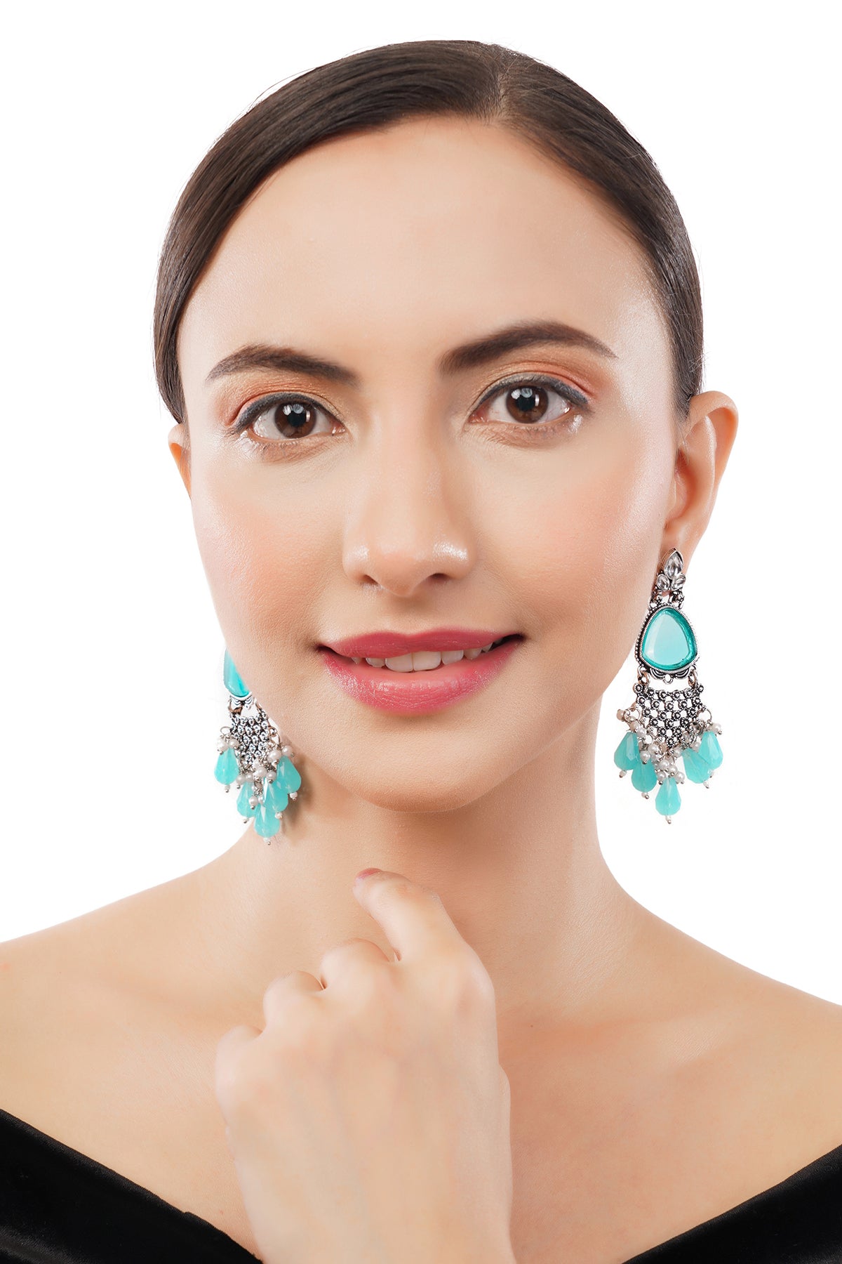 Oxidised Silver Turquoise Blue Stone Earrings For Women