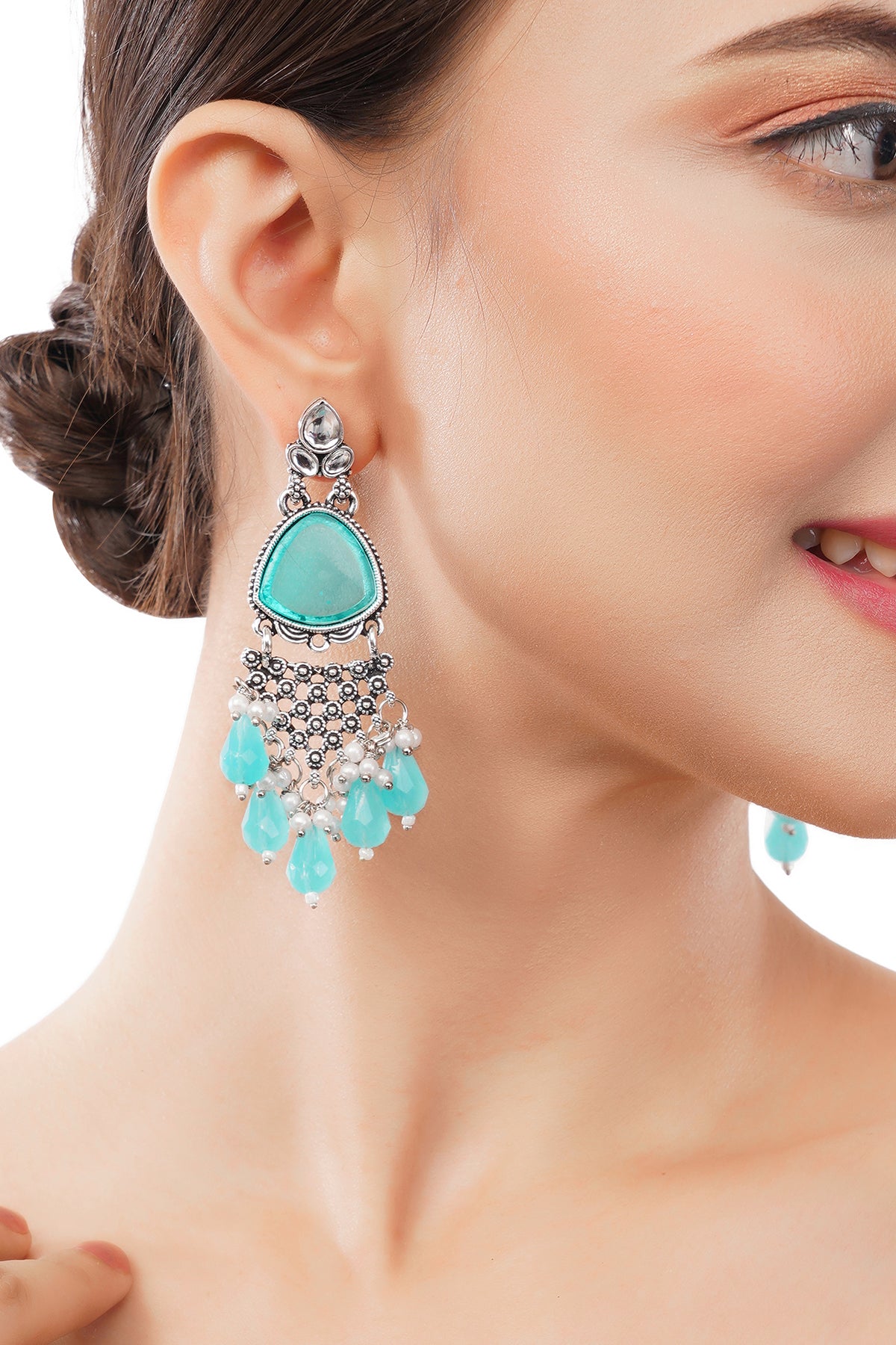 Oxidised Silver Turquoise Blue Stone Earrings For Women