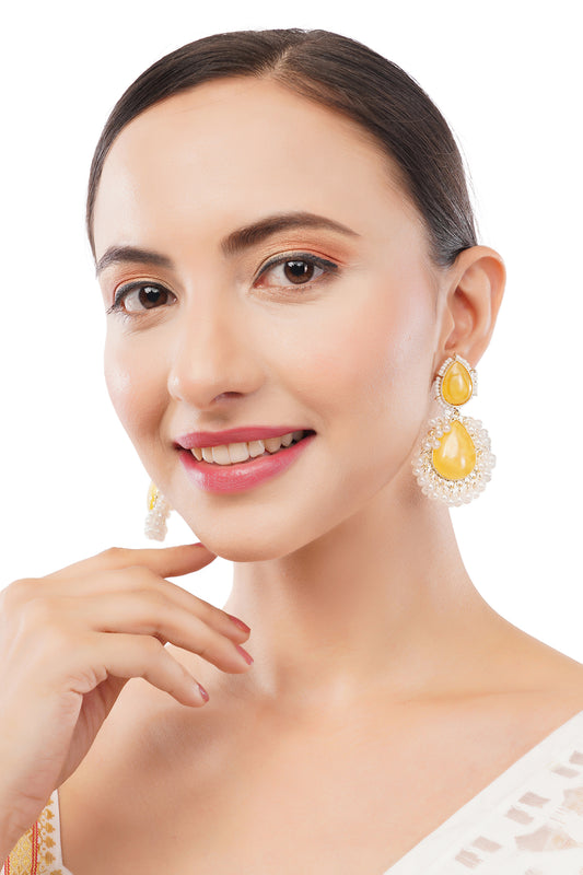 Gold plated Pearl embalished Yellow Stone Earings
