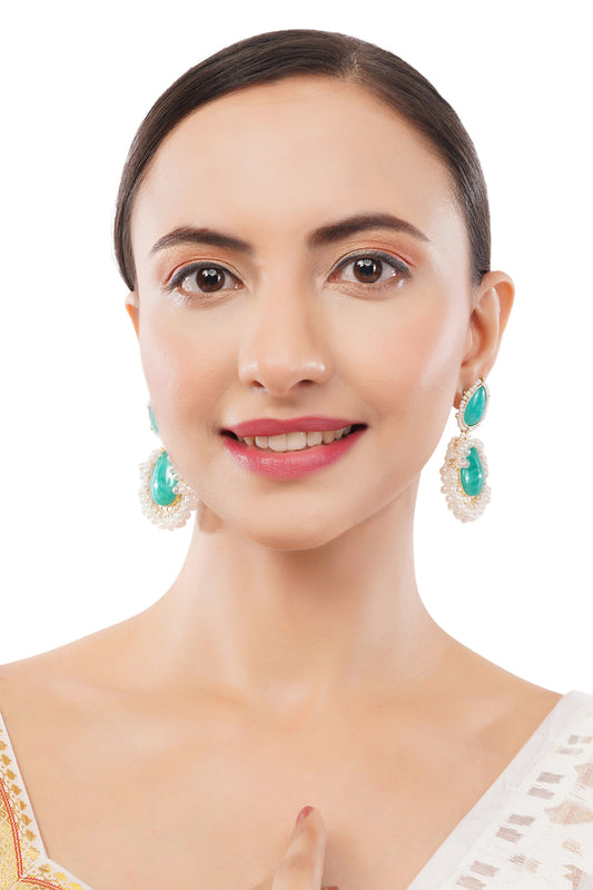 Clustertrend Gold Plated Aqua Green Embedded White Pearl Earrings