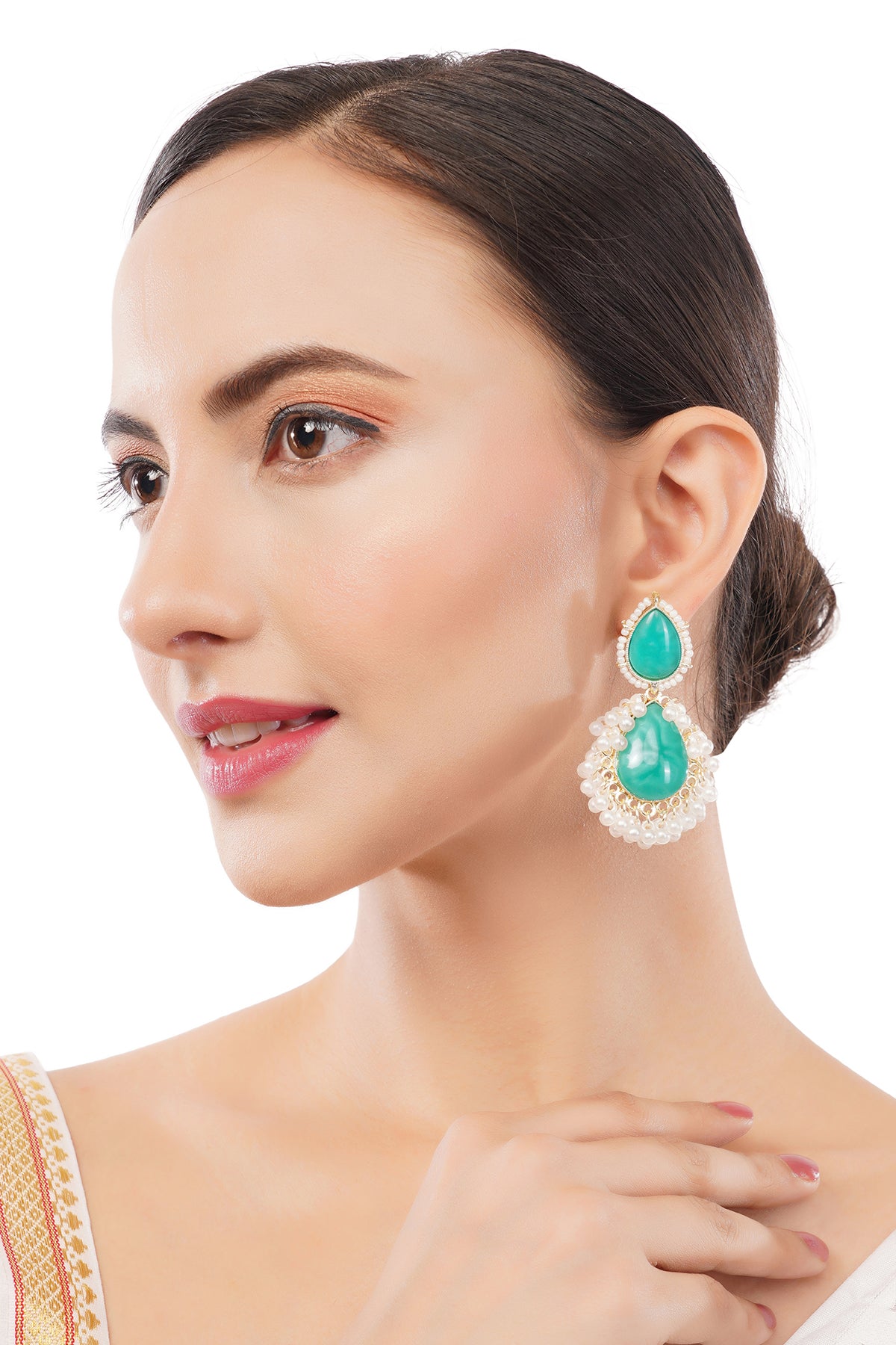 Clustertrend Gold Plated Aqua Green Embedded White Pearl Earrings