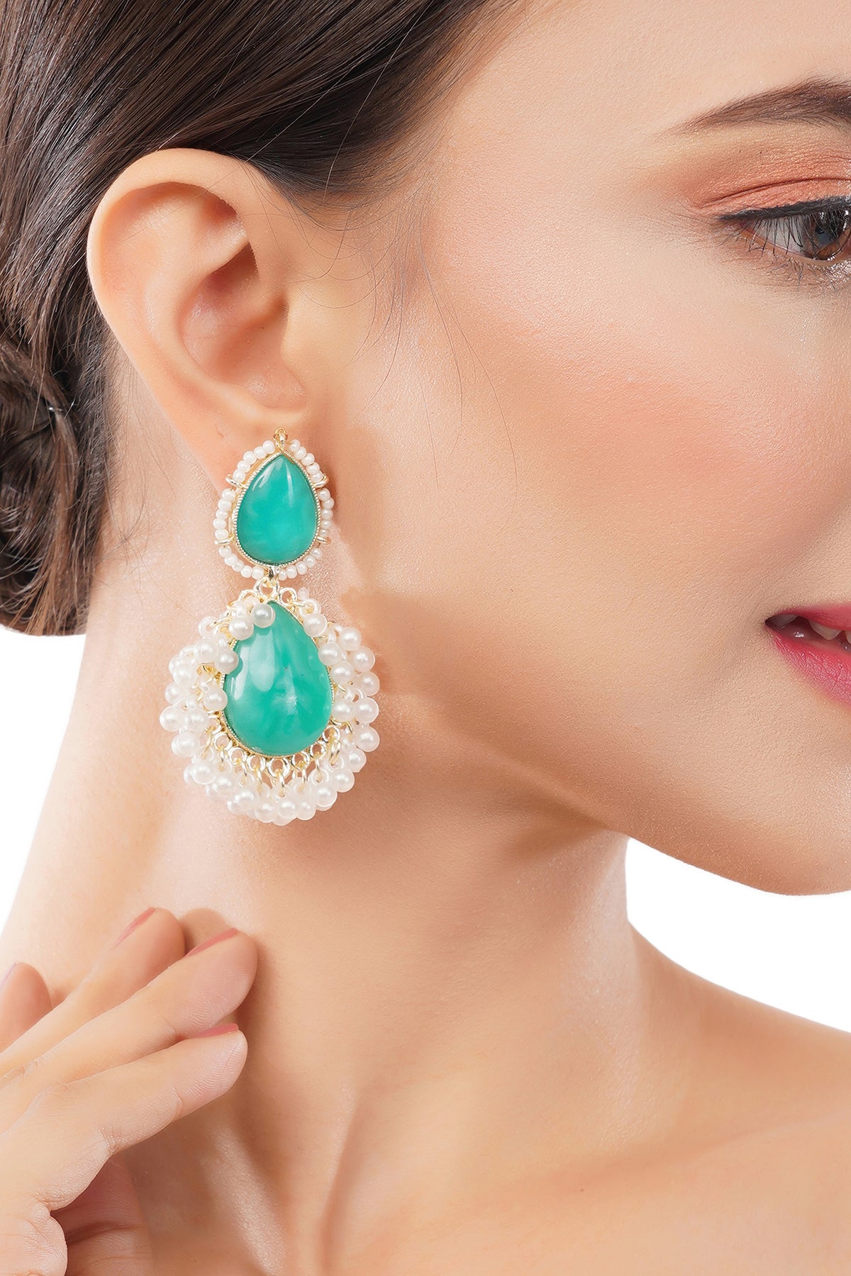 Clustertrend Gold Plated Aqua Green Embedded White Pearl Earrings