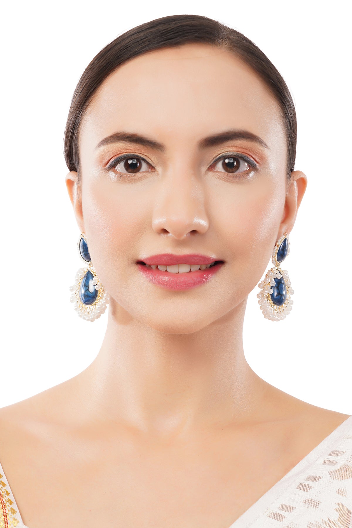 Gold Plated Crystal Blue Pearl Teardrop Earrings For Women