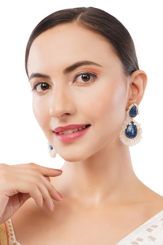 Gold Plated Crystal Blue Pearl Teardrop Earrings For Women