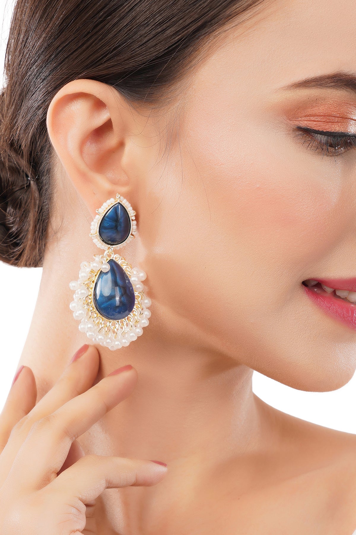 Gold Plated Crystal Blue Pearl Teardrop Earrings For Women