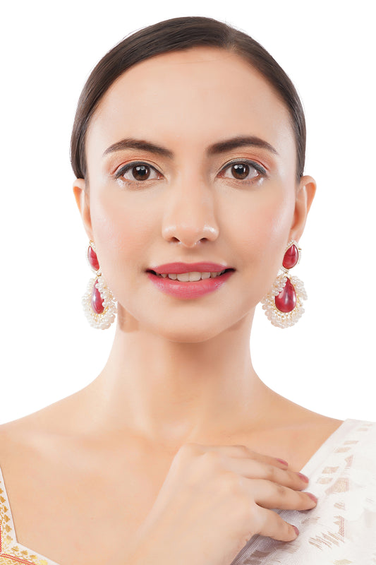 Clustertrend Red Crystal Pearl Teardrop Earrings For Women