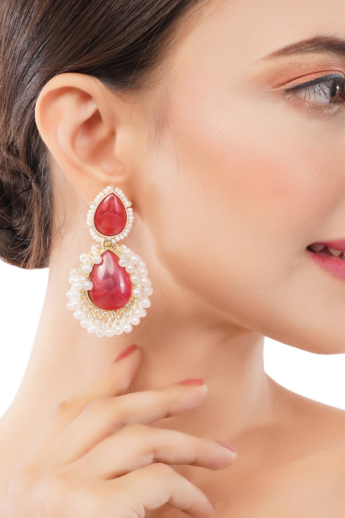 Clustertrend Red Crystal Pearl Teardrop Earrings For Women