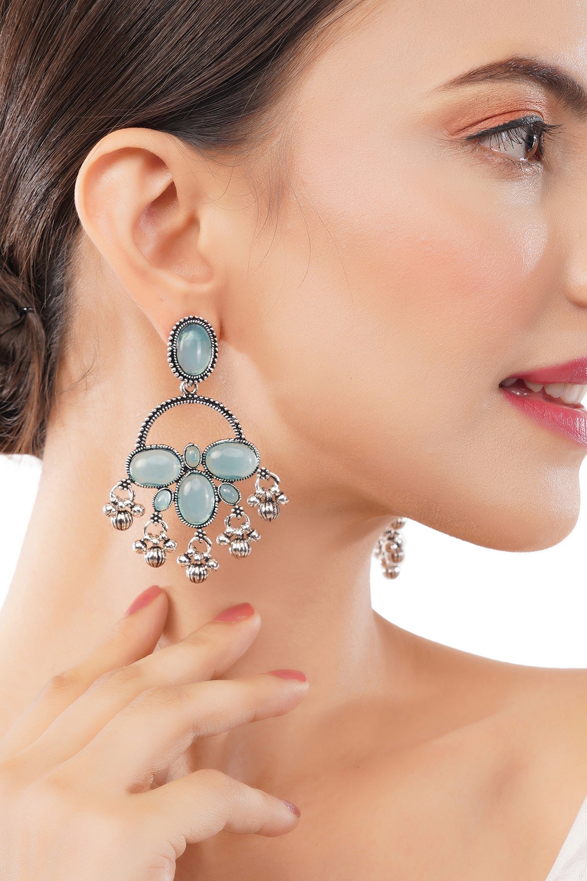 Clustertrend Traditional German Silver Turquoise Blue Crystal Pearl Earrings