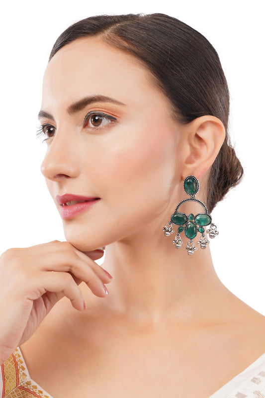 German Silver Emerald Green Stone Earrings For Women