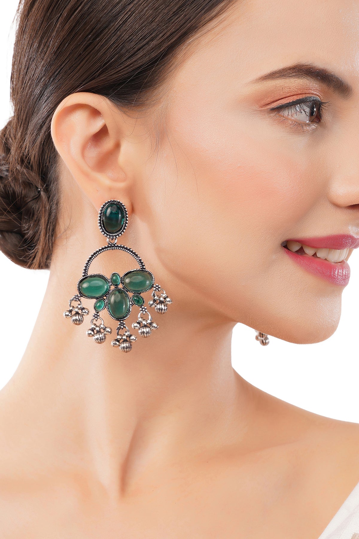 Clustertrend German Silver Crystal Aqua Green Pearl Earrings