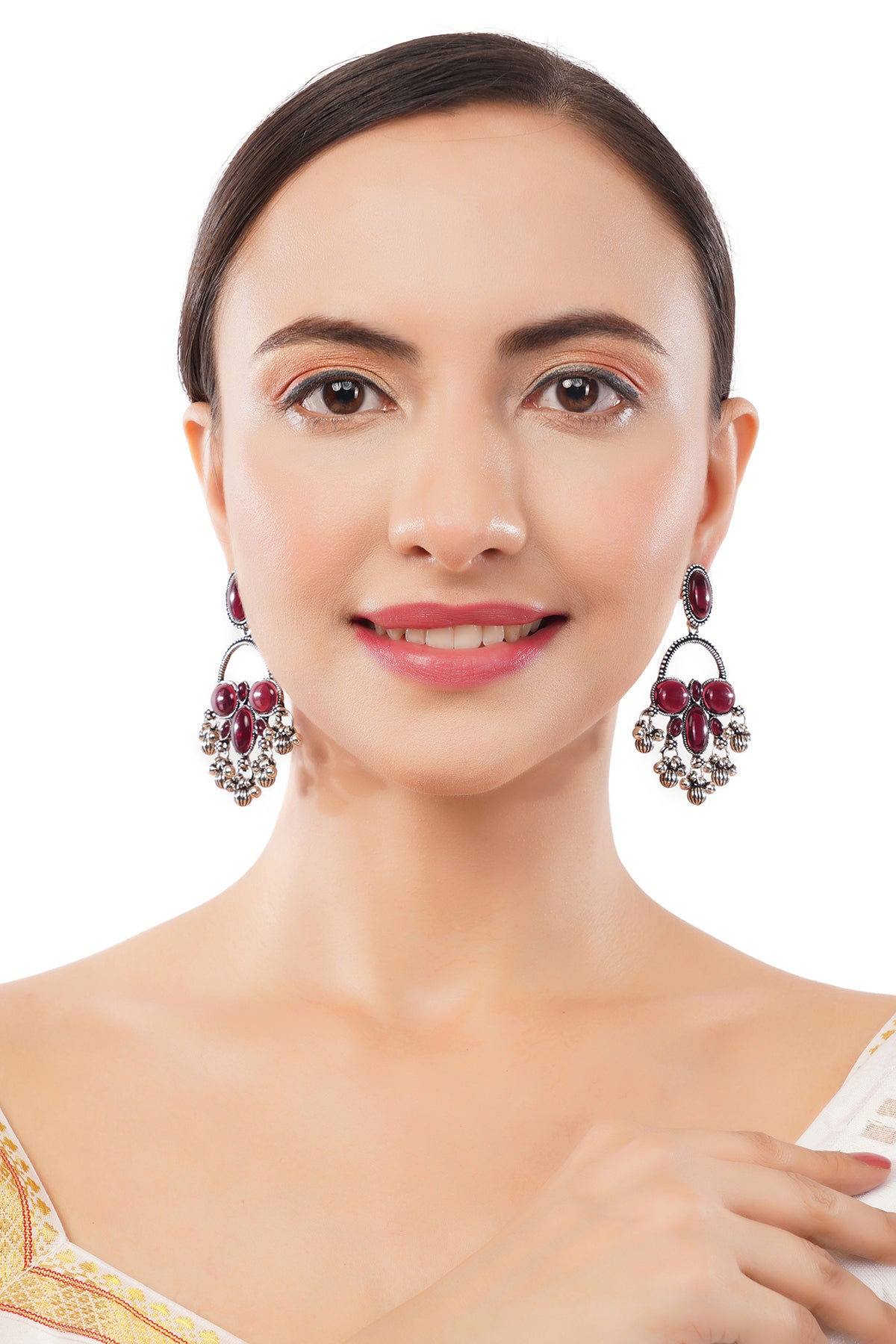 Clustertrend German Silver Maroon Stone Earrings