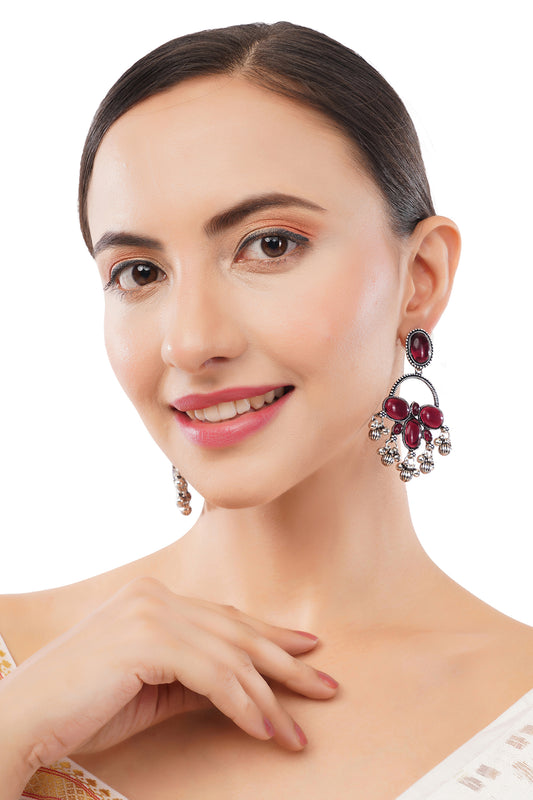 Clustertrend German Silver Maroon Stone Earrings