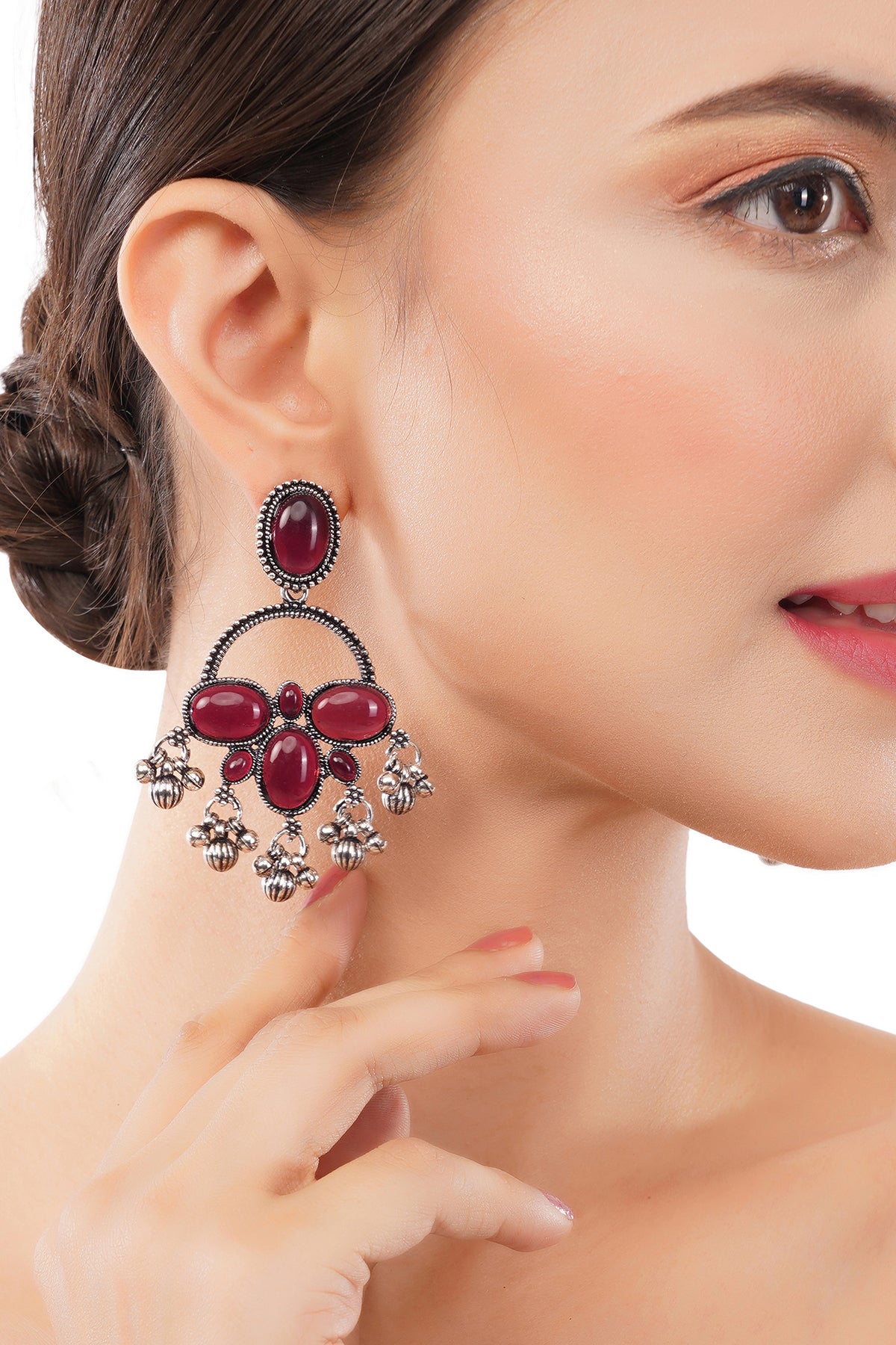 Clustertrend German Silver Maroon Stone Earrings