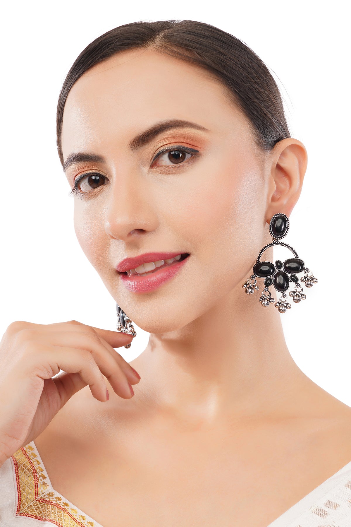Clustertrend German Silver Black Stone Earrings For Women