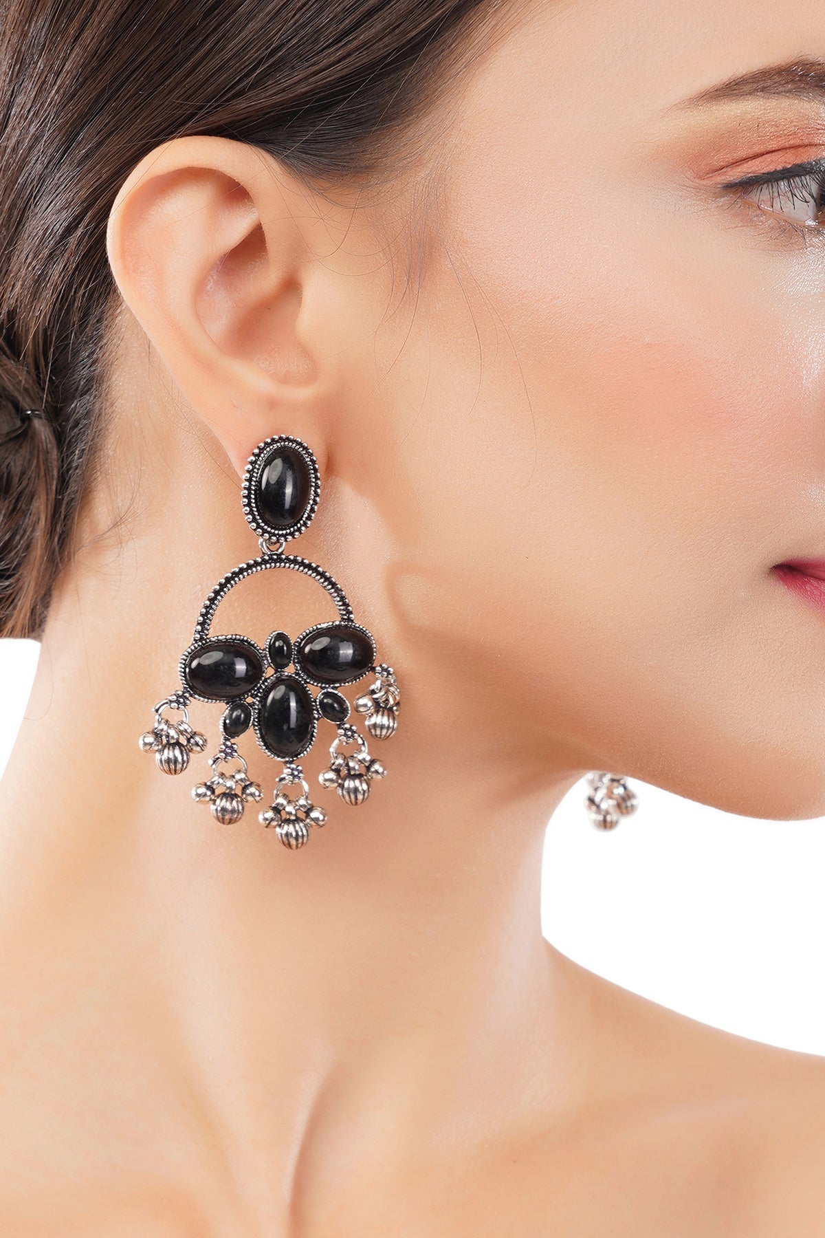 Clustertrend German Silver Black Stone Earrings For Women