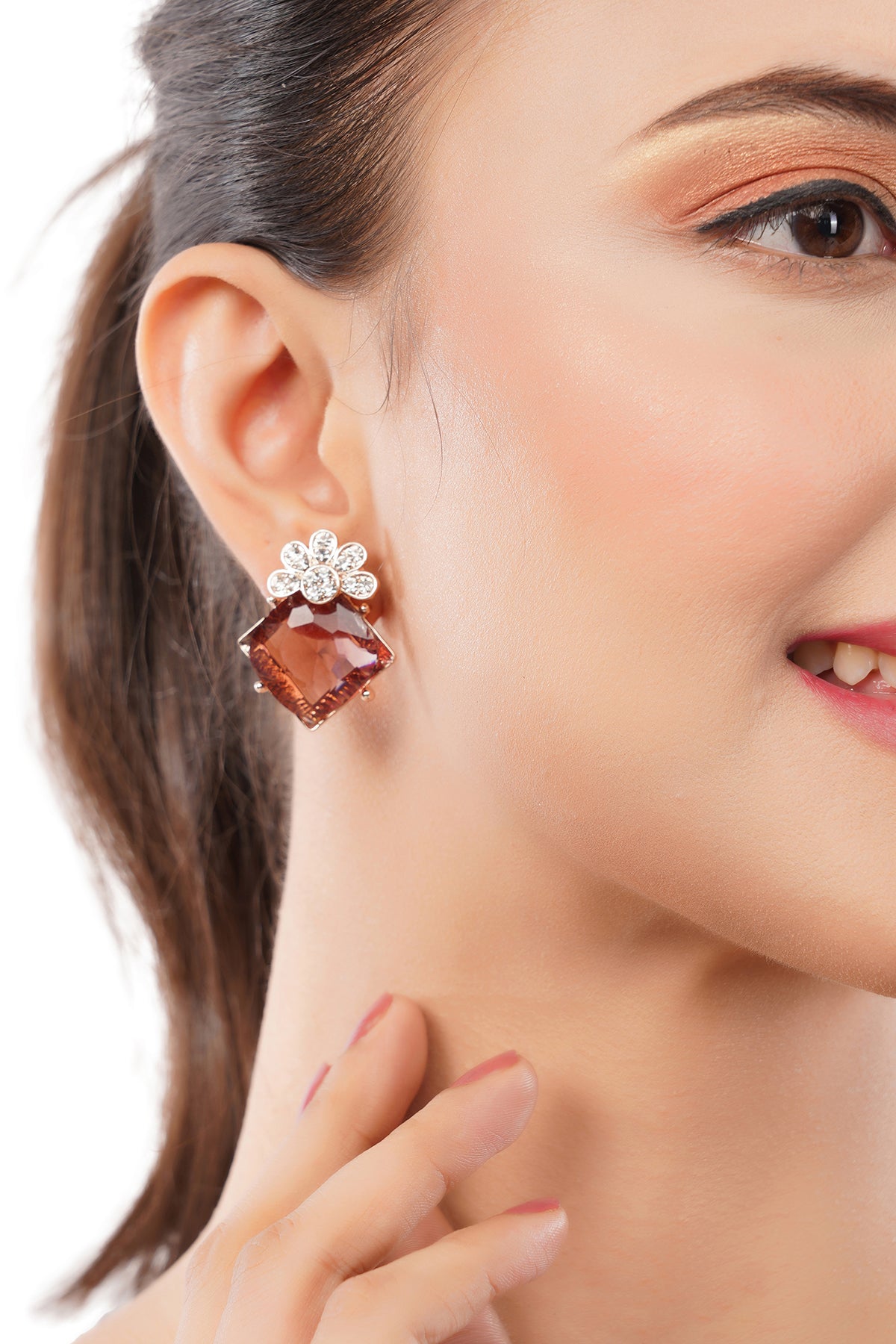 Clustertrend Gold Plated Crystal Brown Diamond Earrings