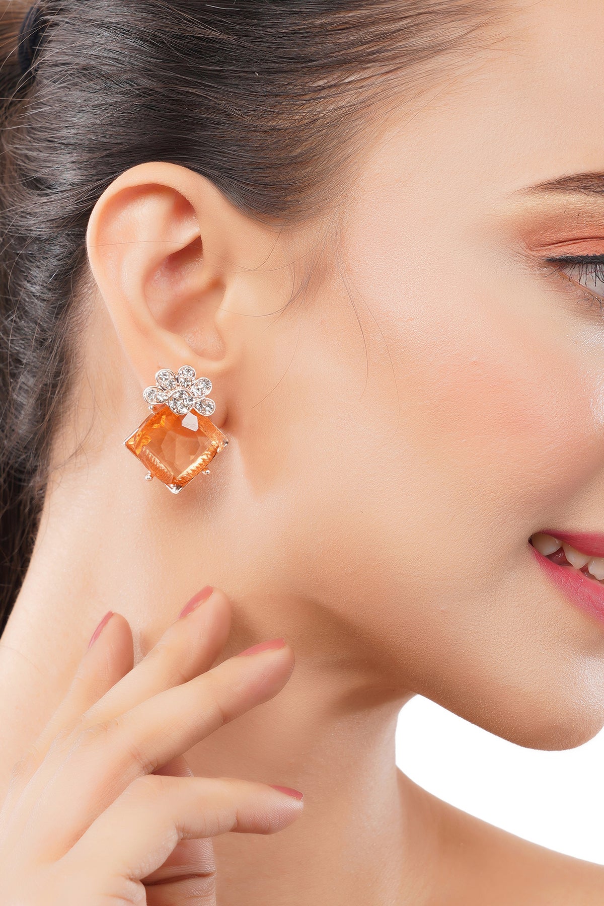 Gold Plated Crystal Peach Stone Diamond Earrings