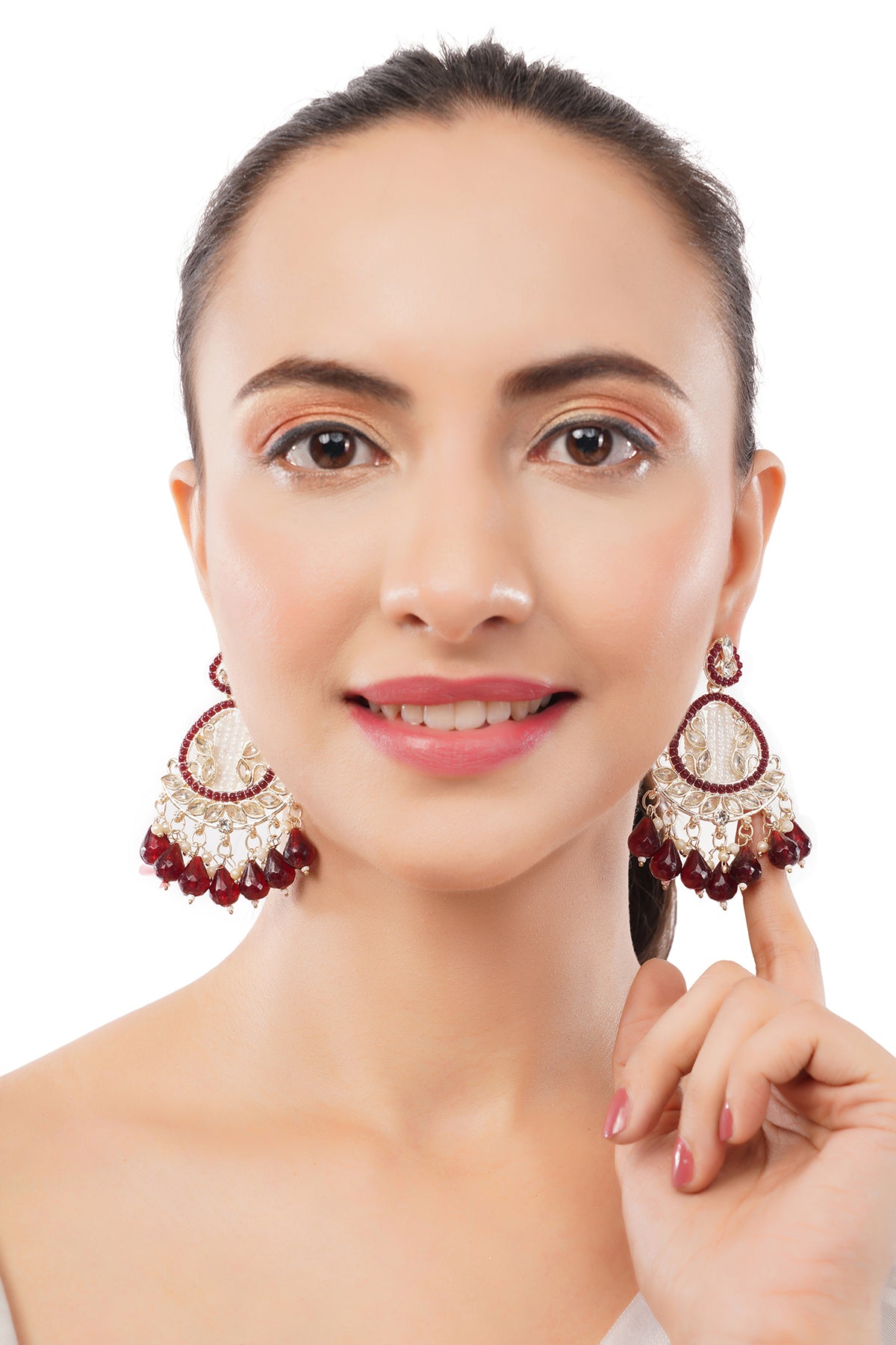 Clustertrend Gold Plated Maroon And White Pearl Earrings For Women