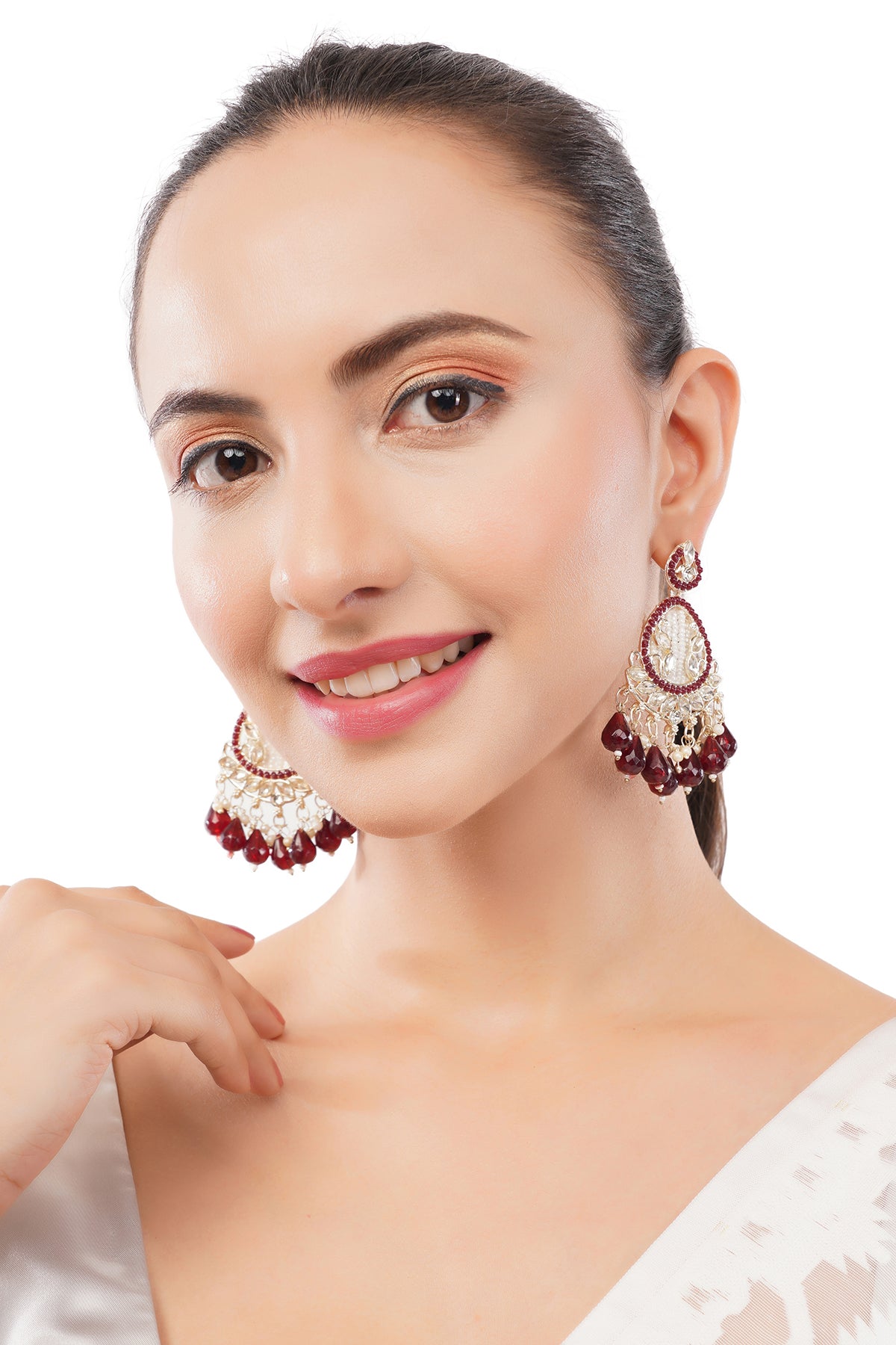 Clustertrend Gold Plated Maroon And White Pearl Earrings For Women