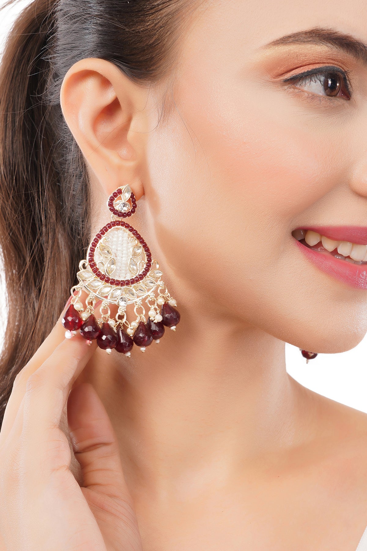 Clustertrend Gold Plated Maroon And White Pearl Earrings For Women